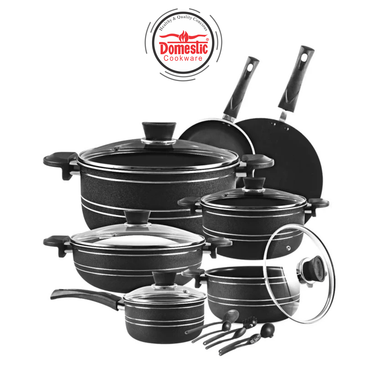 Non Stick Super Gift Set 18 PCS (3-Layers Marble Coated) Kitchen / dining Domestic Cookware Black