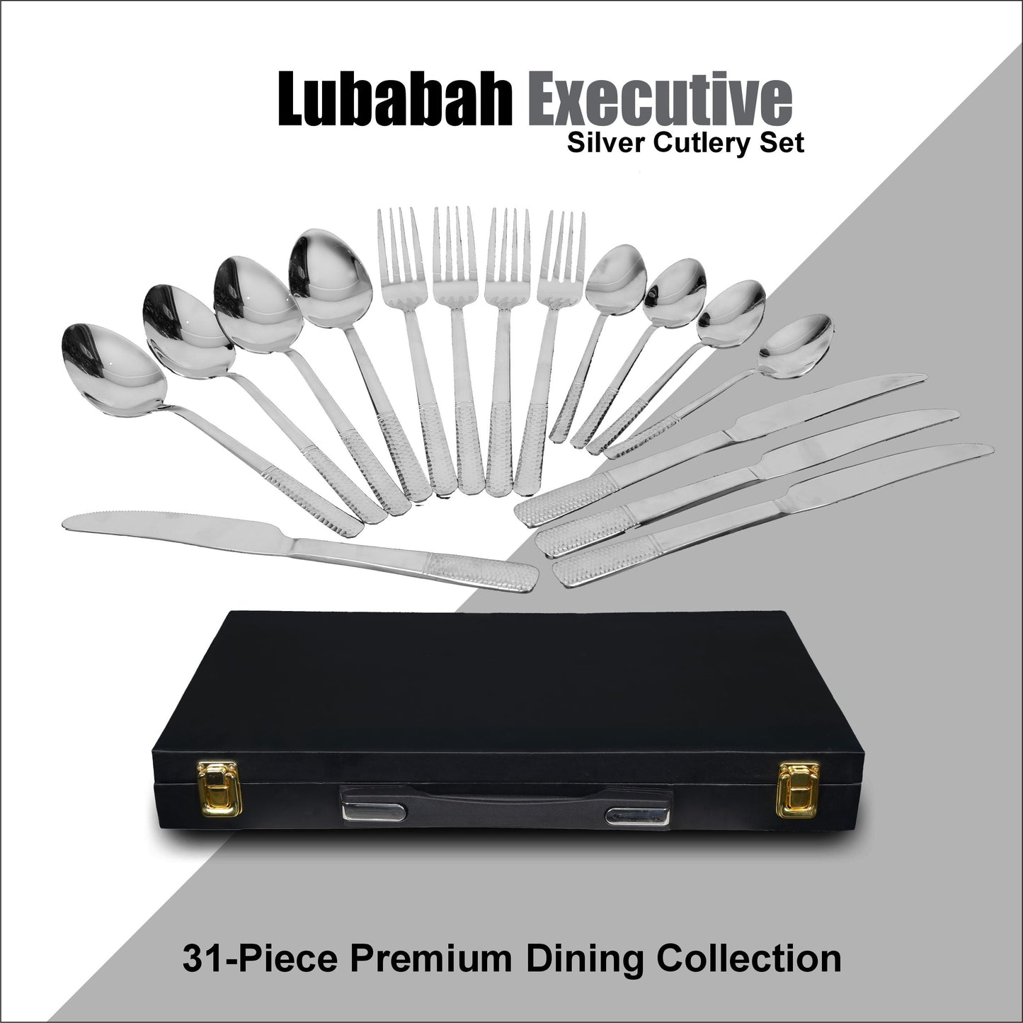 Lubabah Executive silver Cutlery Set โ Luxury 31 -Piece Premium Dining Set WAZIRABADI