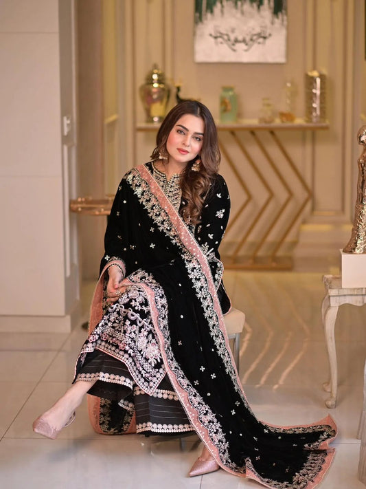 Aneelas Velvet & Chiffon Suit Heavy Embroidered