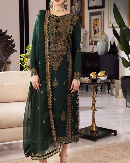 3PC CHIFFON UNSTITCHED EMBROIDERED SUIT