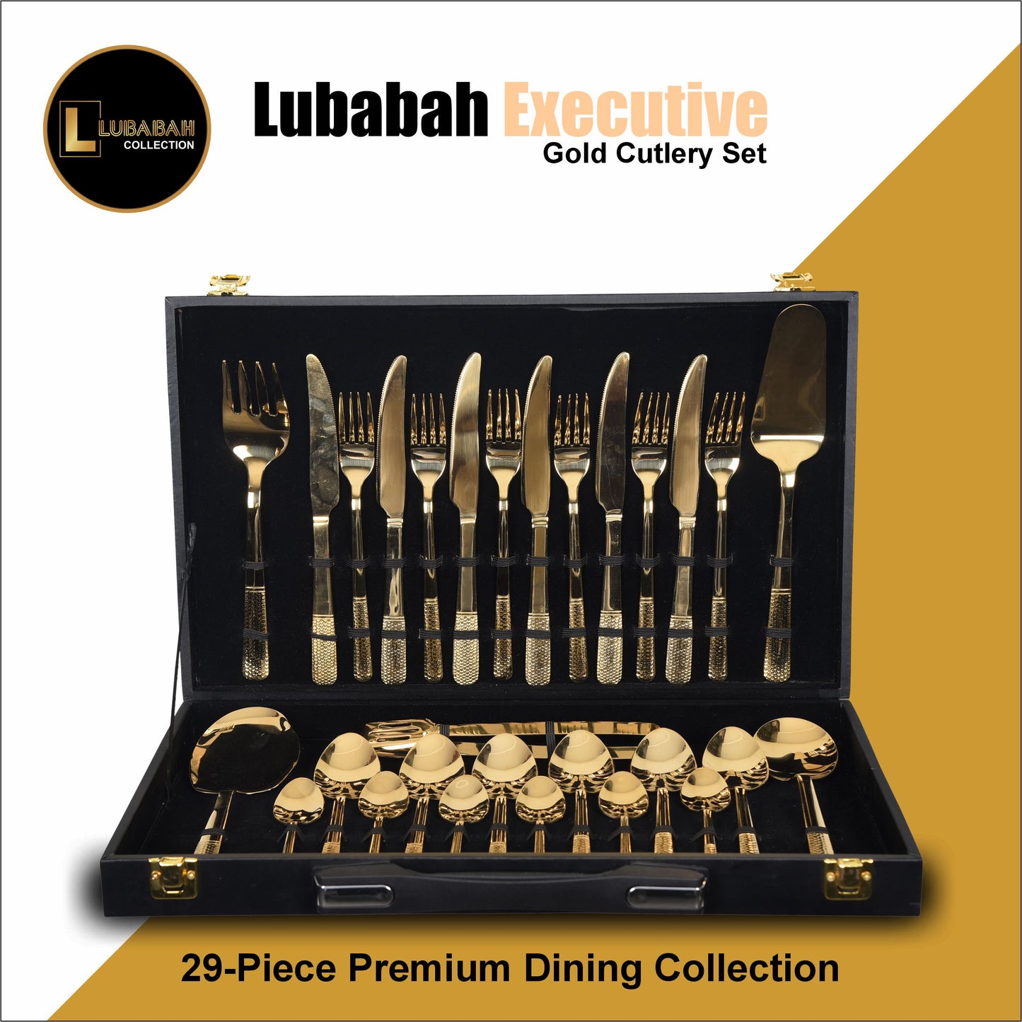 Lubabah Executive Gold Cutlery Set – Luxury 29 -Piece Premium Dining Set WAZIRABADI