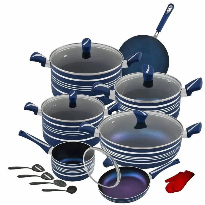 Stylish Gift Set – 21 Pcs (4-Layers Marble Coated) Kitchen / dining Domestic Cookware Blue 