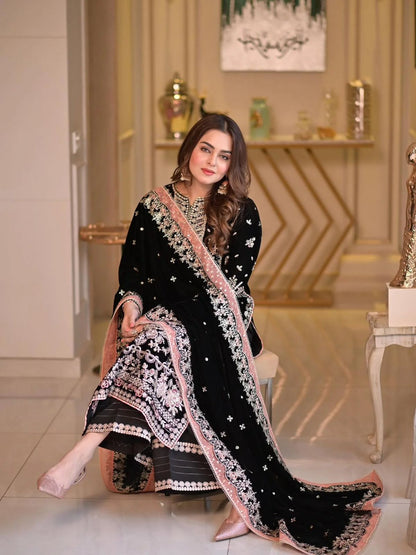 Aneelas Velvet & Chiffon Suit Heavy Embroidered