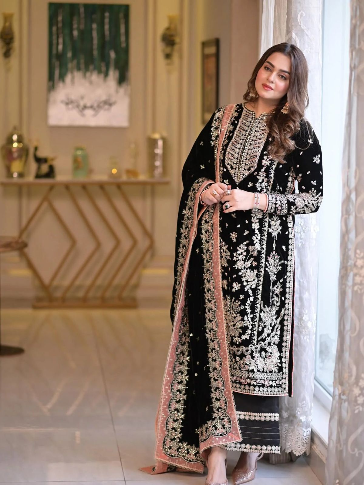 Aneelas Velvet & Chiffon Suit Heavy Embroidered