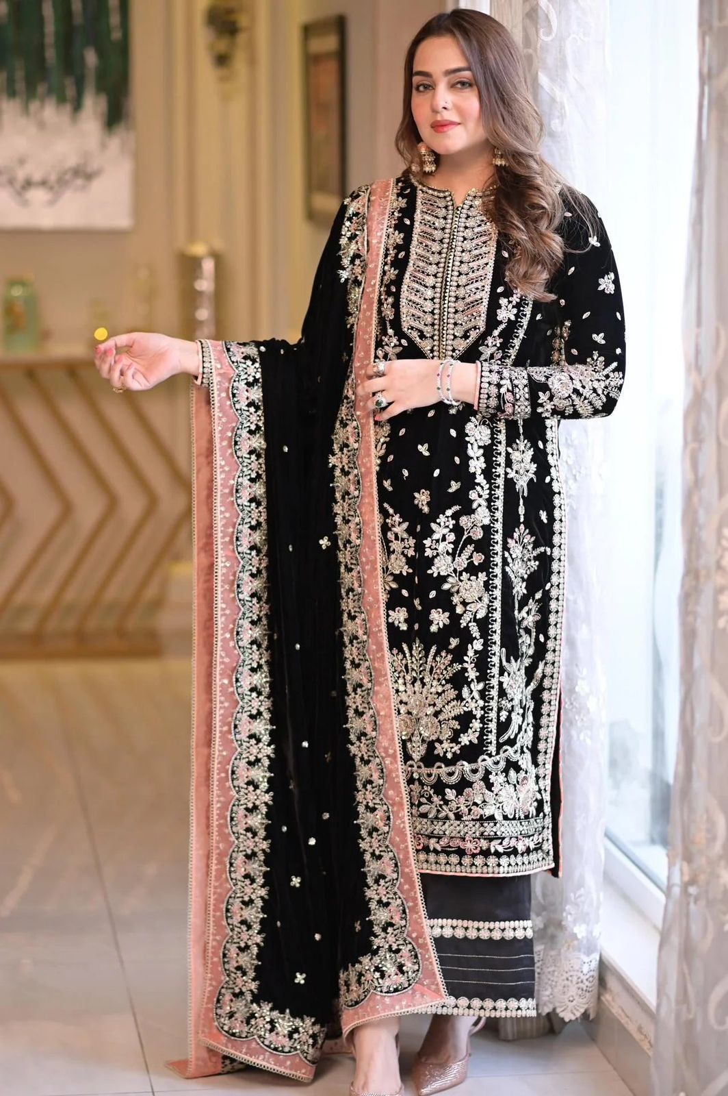 Aneelas Velvet & Chiffon Suit Heavy Embroidered