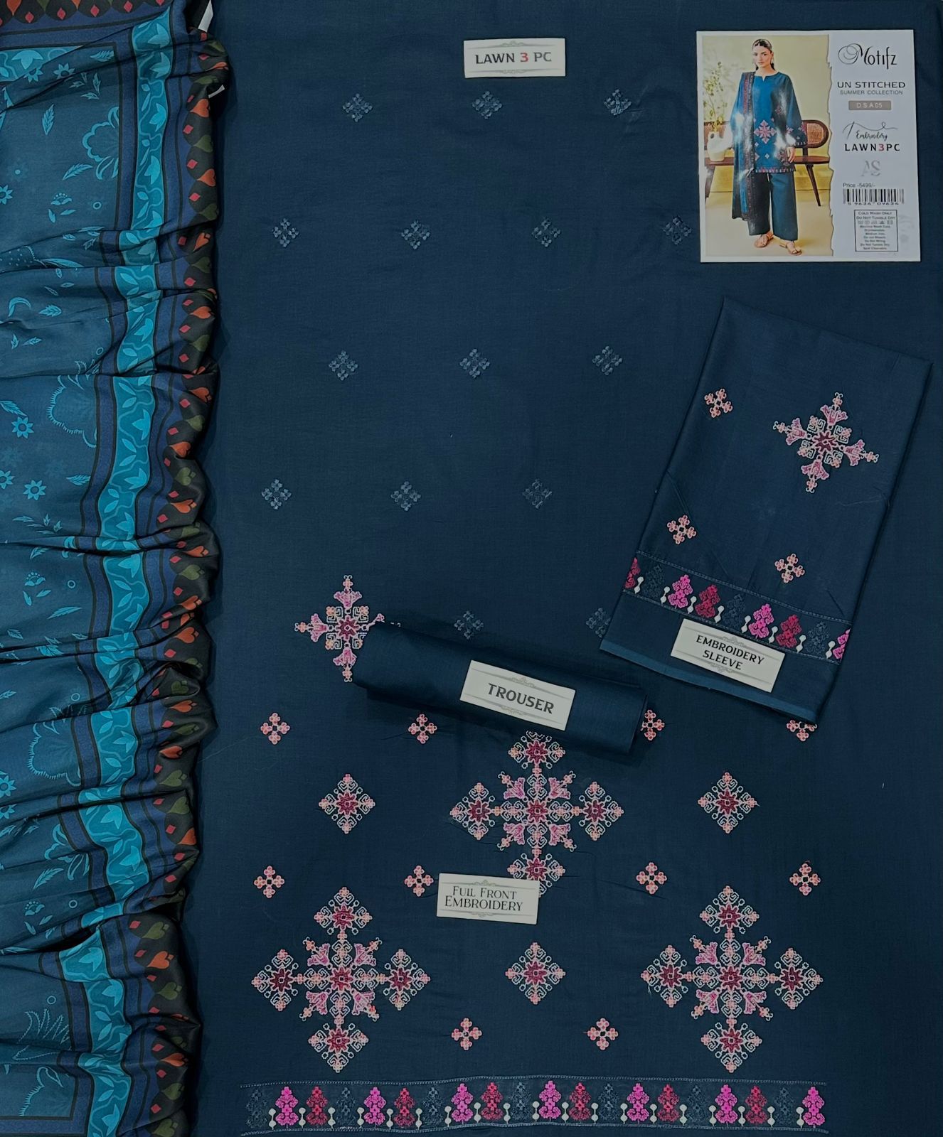 Motfiz DAS-05 Embroidered 3PC Suit - Premium Air-Jet Lawn with Printed Dupatta