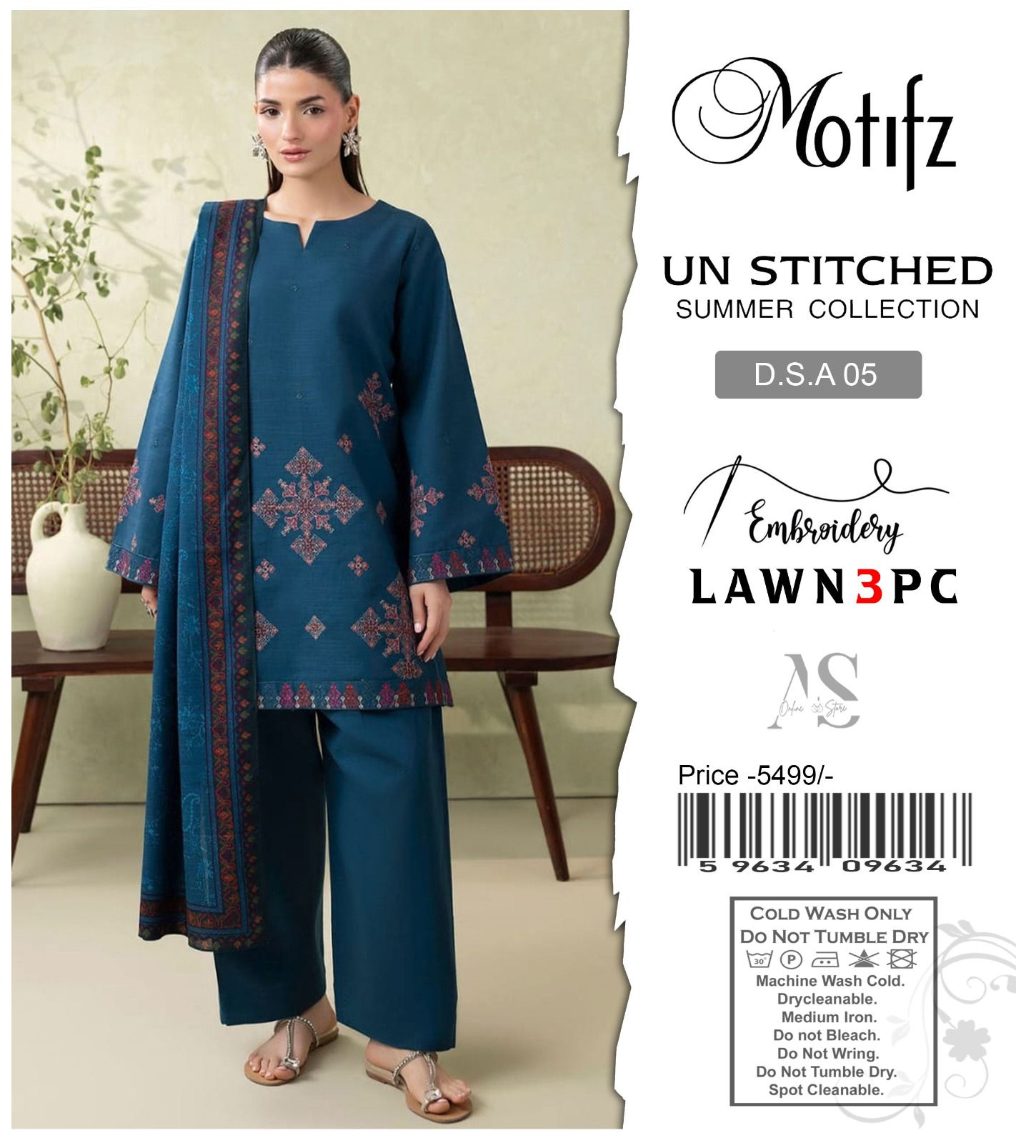 Motfiz DAS-05 Embroidered 3PC Suit - Premium Air-Jet Lawn with Printed Dupatta