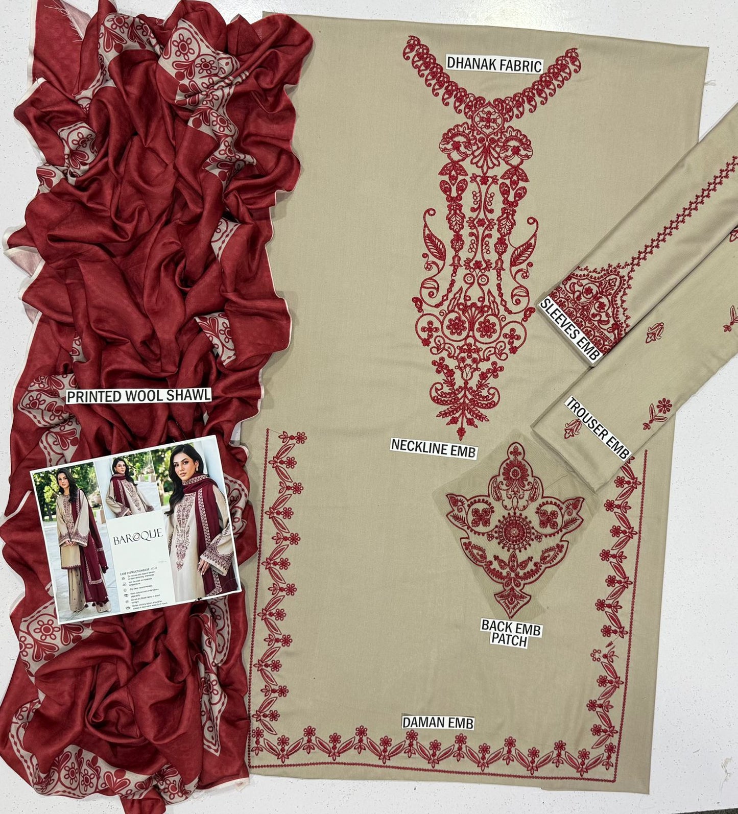 SR-KD910 Unstitched Heavy Embroidered Dhanak Suit With Embroidered Dhanak Shawl