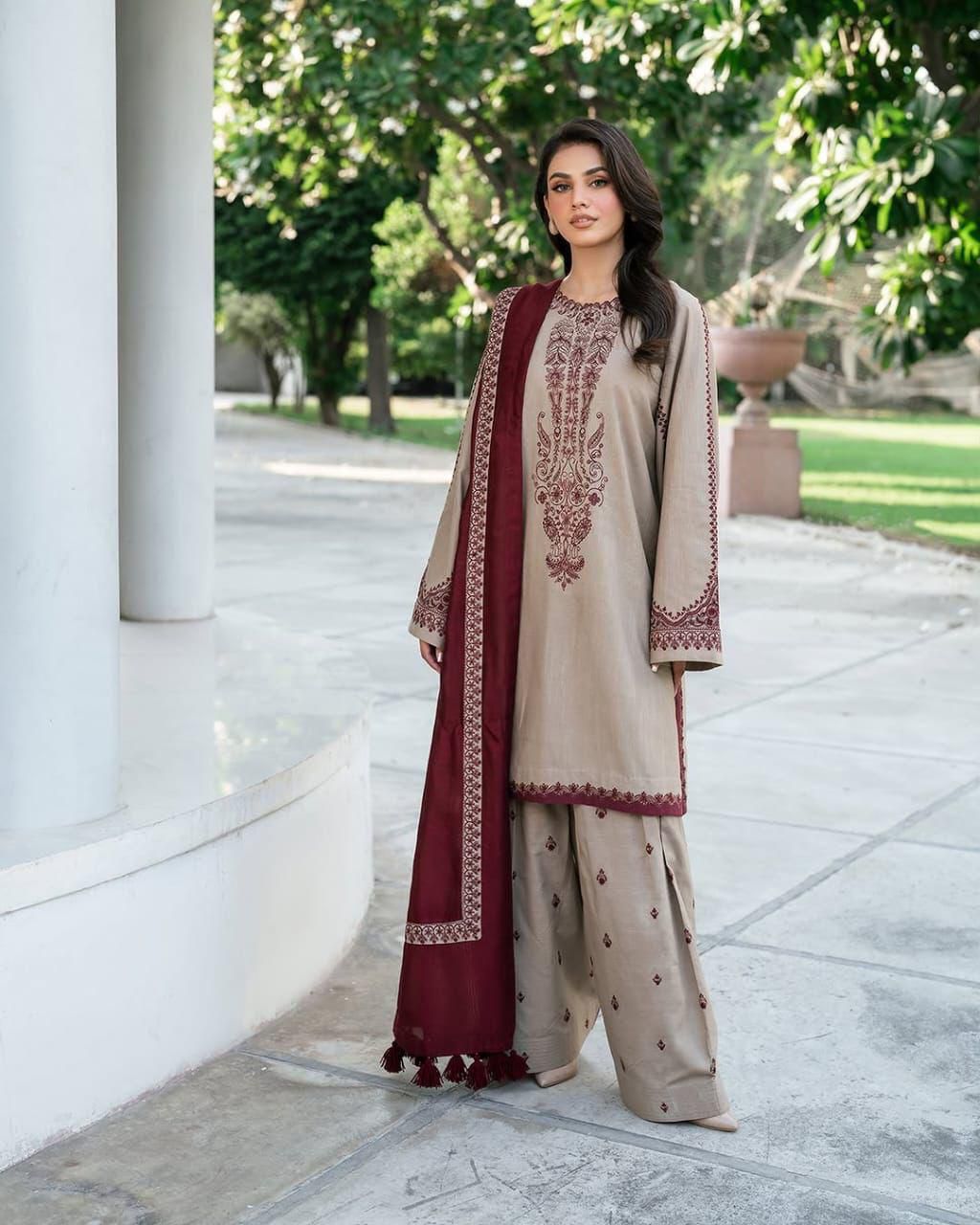 SR-KD910 Unstitched Heavy Embroidered Dhanak Suit With Embroidered Dhanak Shawl