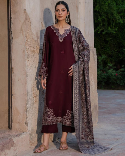 ✨ Izel Premium Air-Jet Dhanak Heavy Embroidered 3PC Suit with Digital Printed Pashmina Shawl (Code: IZ-1212) ✨