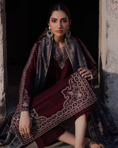 ✨ Izel Premium Air-Jet Dhanak Heavy Embroidered 3PC Suit with Digital Printed Pashmina Shawl (Code: IZ-1212) ✨