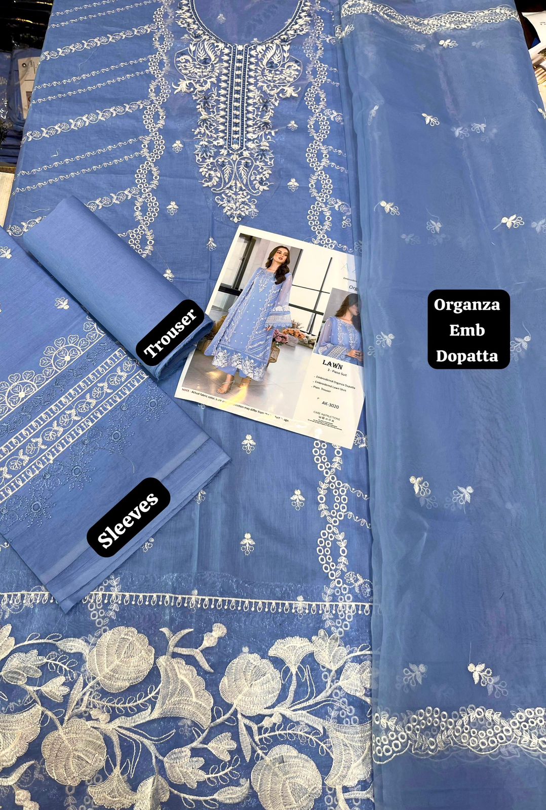 AZURE Luxury Embroidered Lawn Suit with Organza Dupatta | 3020