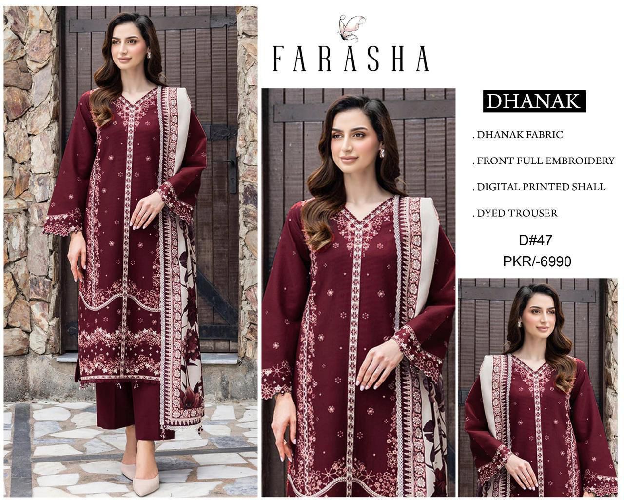 FD-305 | Farasha Dhanak Classic Elegant 3PC - mehroon