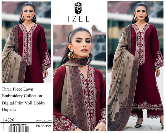IZEL 3PC Embroidered Lawn – Exclusive Voil Dobby Dupatta & Heavy Embroidered Neckline