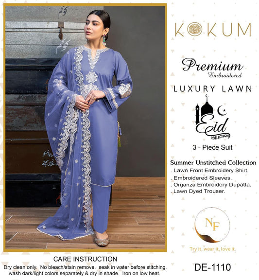 KOKUM Premium Lawn ✨ | D-1110 Heavy Embroidered with Khadi Border Dupatta