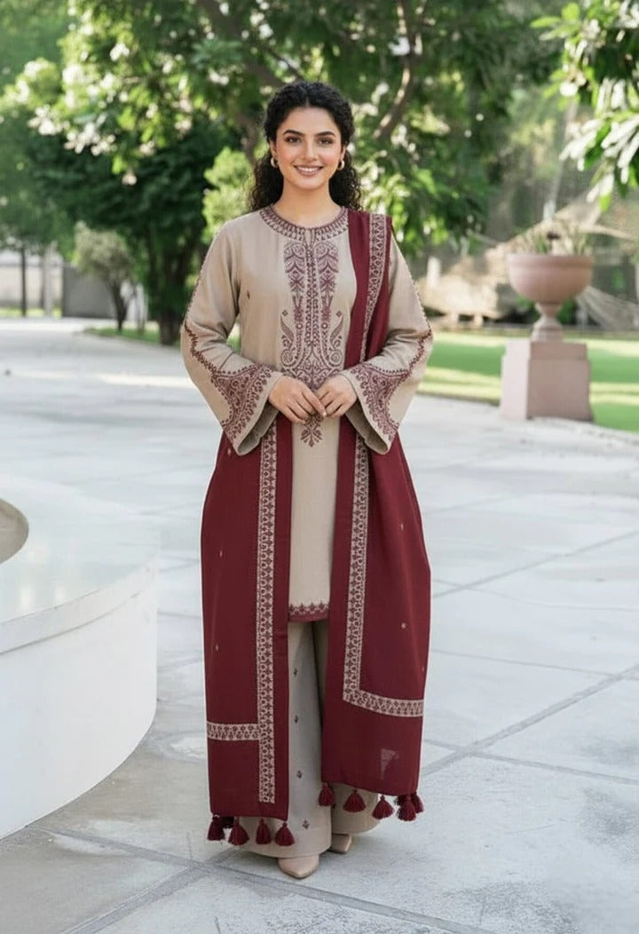 SR-KD910 Unstitched Heavy Embroidered Dhanak Suit With Embroidered Dhanak Shawl