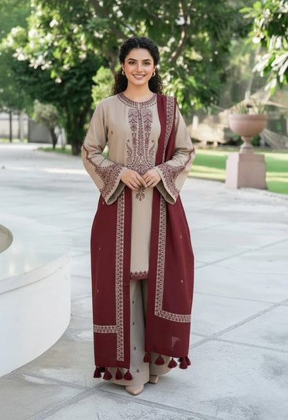 SR-KD910 Unstitched Heavy Embroidered Dhanak Suit With Embroidered Dhanak Shawl